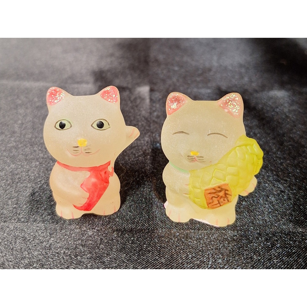 Miniature Frosted Glass Maneki Neko Lucky Cat Figurines Set of 2 Pink Yellow